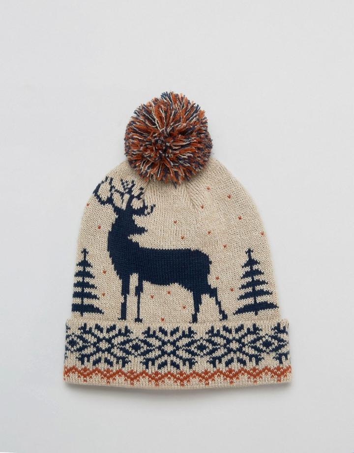 Asos Holidays Stag Beanie In Mink Twist - Beige