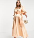 Vila Curve Bridesmaid Wrap Front Maxi Dress In Apricot Satin-orange