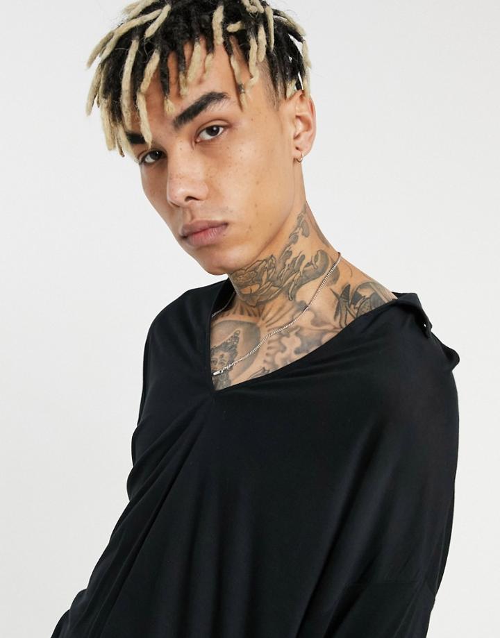 Asos Design Oversized Viscose Polo With Deep Revere Collar In Black