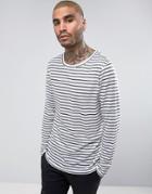 Asos Relaxed Long Sleeve T-shirt In Linen Look Stripe - White