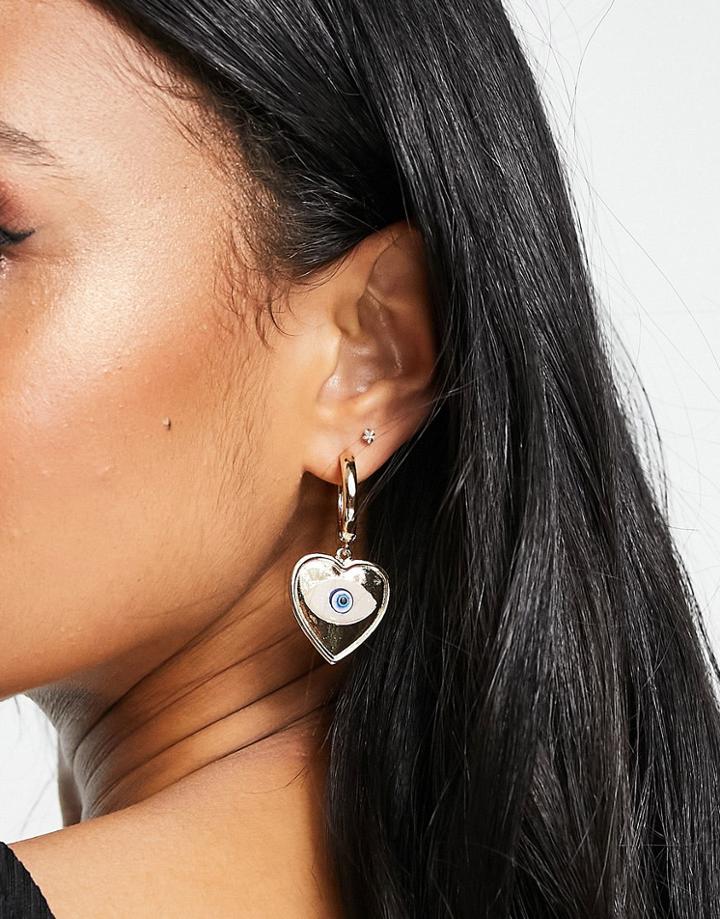 Asos Design Hoop Earrings With Eye Heart Charm In Gold Tone