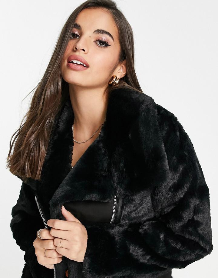 Forever New Shearling Aviator Coat In Black