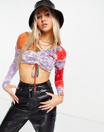 Grimey Festival Ruched Front Coordinating Crop Top In Grunge Tie Dye-multi