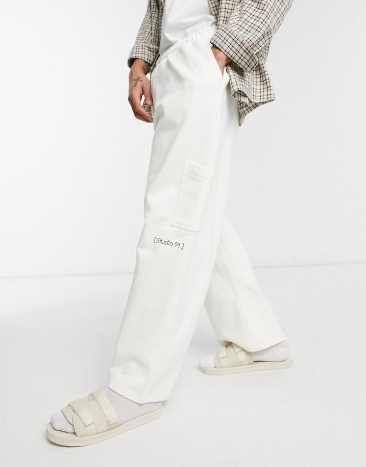 Asos Design Cropped Wide Leg Sweatpants In Heavyweight With Small Print Detail - Part Of A Set-white