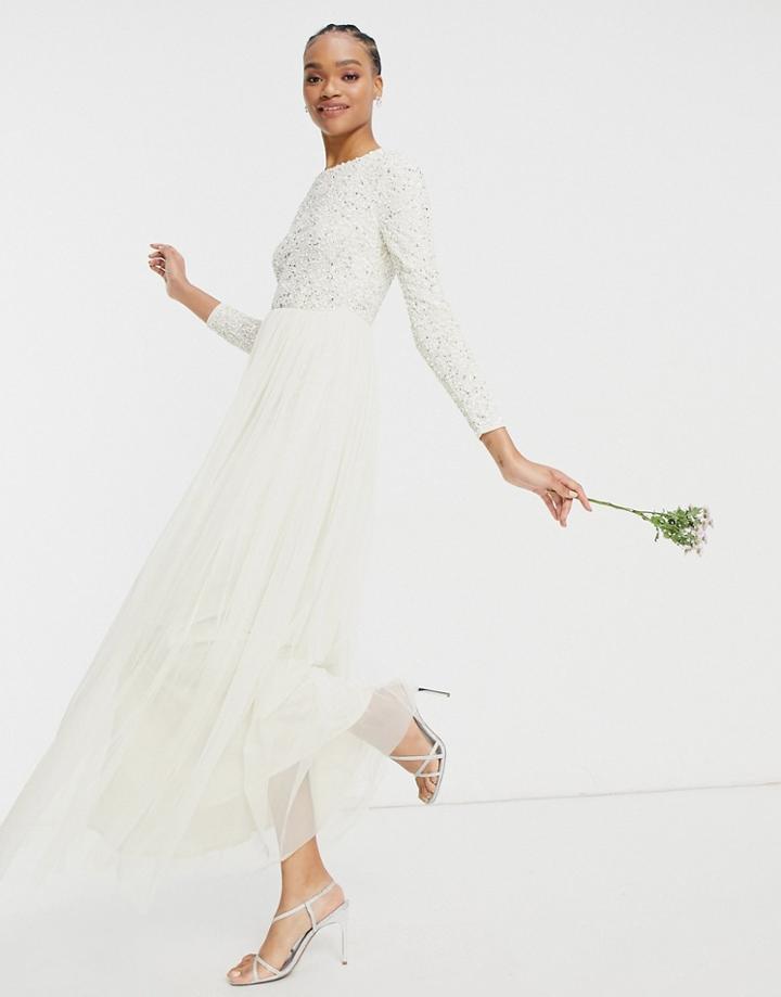 Maya Bridal Long Sleeve Maxi Dress With Delicate Sequin And Tulle Skirt In Ecru-white