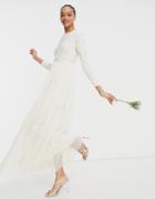 Maya Bridal Long Sleeve Maxi Dress With Delicate Sequin And Tulle Skirt In Ecru-white