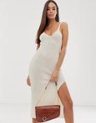 Asos Design Knitted Midi Dress With Split In Natural Look Yarn - Cream