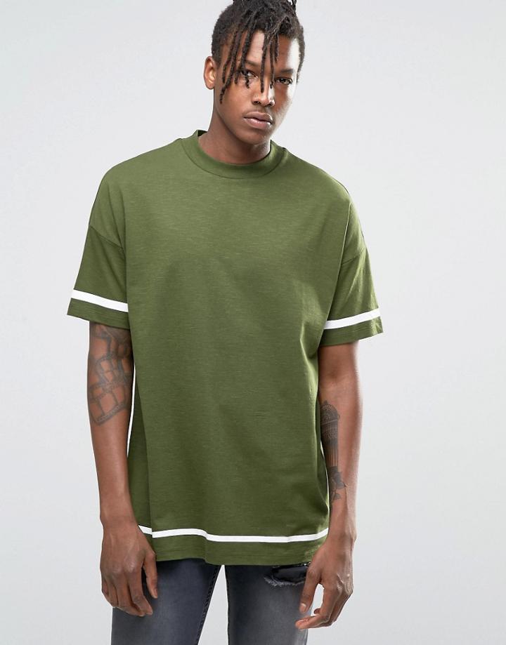 Asos Oversized T-shirt With White Stripe Print And Wide Neck Trim - Green