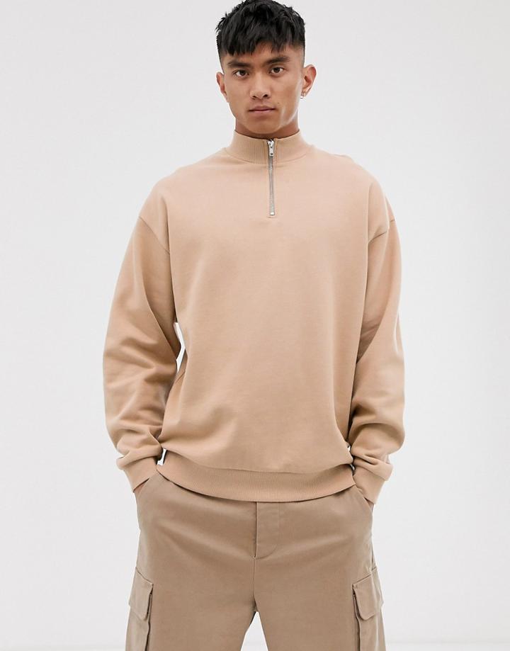 Asos Design Oversized Sweatshirt With Half Zip In Beige - Beige