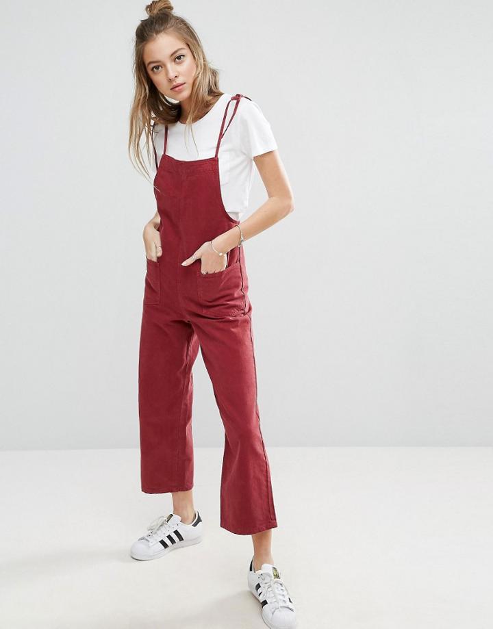Asos Denim Jumpsuit In Raspberry With Tie Straps - Pink