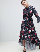 Uttam Boutique Floral Midi Dress With Flute Sleeve-black