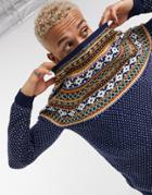 Asos Design Knitted Midweight Yoke Fairisle Sweater In Navy