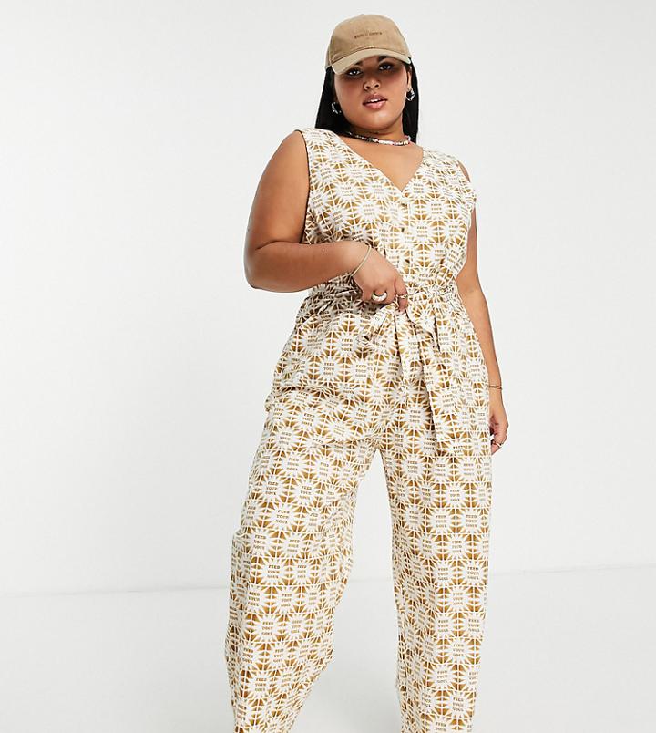 Daisy Street Plus Relaxed Jumpsuit In Brown Geo Print-white