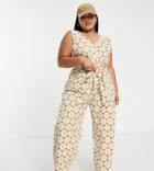 Daisy Street Plus Relaxed Jumpsuit In Brown Geo Print-white