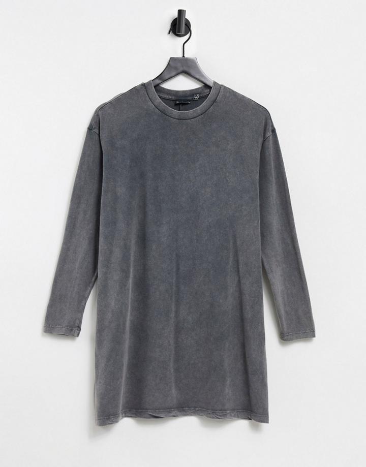 Asos Design Oversized Long Sleeve T-shirt Dress In Charcoal Acid Wash-black