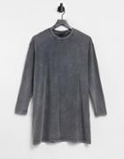 Asos Design Oversized Long Sleeve T-shirt Dress In Charcoal Acid Wash-black