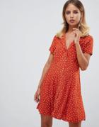 Asos Design Button Through Mini Skater Dress In Rust Spot - Multi