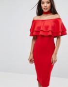 Club L Bardot Midi Dress With Double Frill - Red