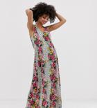 Asos Design Maternity Maxi Beach Dress With Ruched Waist Detail In Floral Tile Print - Multi