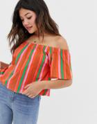 Asos Design Off Shoulder Top In Bright Stripe