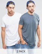 Asos 2 Pack Longline T-shirt With Crew Neck In White/slate - Multi