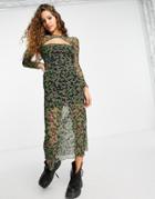 Topshop Green And Pink Floral Cut Out Mesh Midi Dress-multi