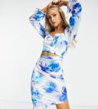 Ei8th Hour Exclusive Midi Dress With Cut Out And Ruched Sleeve Detail In Blue Floral-multi