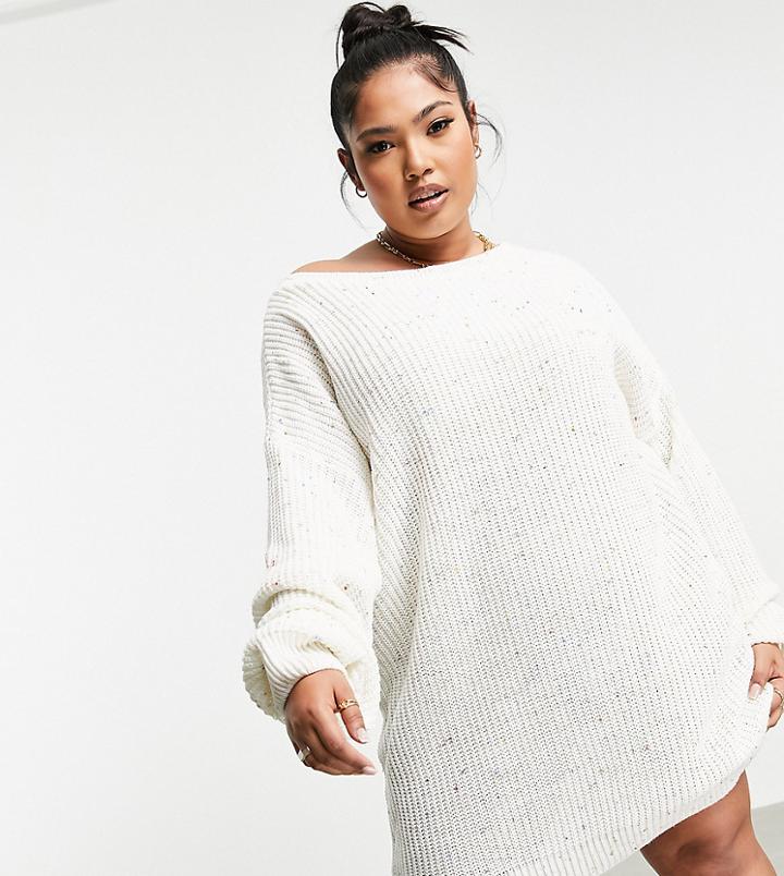 In The Style Plus X Jac Jossa Sweater Dress With Off-shoulder Neckline In Cream-white
