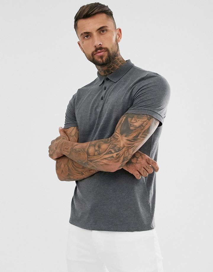 Asos Design Jersey Polo In Charcoal Marl-grey