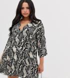 Boohoo Plus Exclusive Smock Dress With Tiered Skirt In Snake Print - Multi
