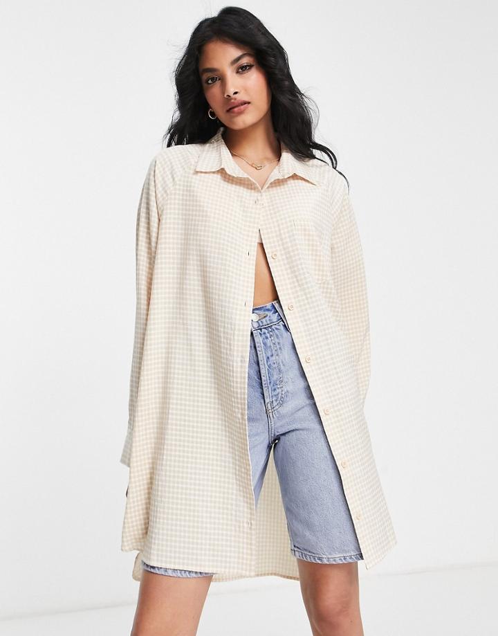Lola May Dipped Hem Shirt Dress In Cream Check-white