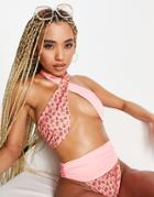 Asos Design Cross Neck Bikini Top In Pink Block Floral Print-multi