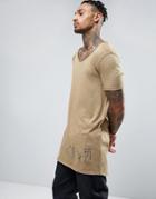 Asos Super Longline T-shirt With Scoop Neck And Distress In Beige - Be