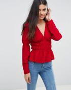 Asos Plunge Top With Gathered Waist - Red