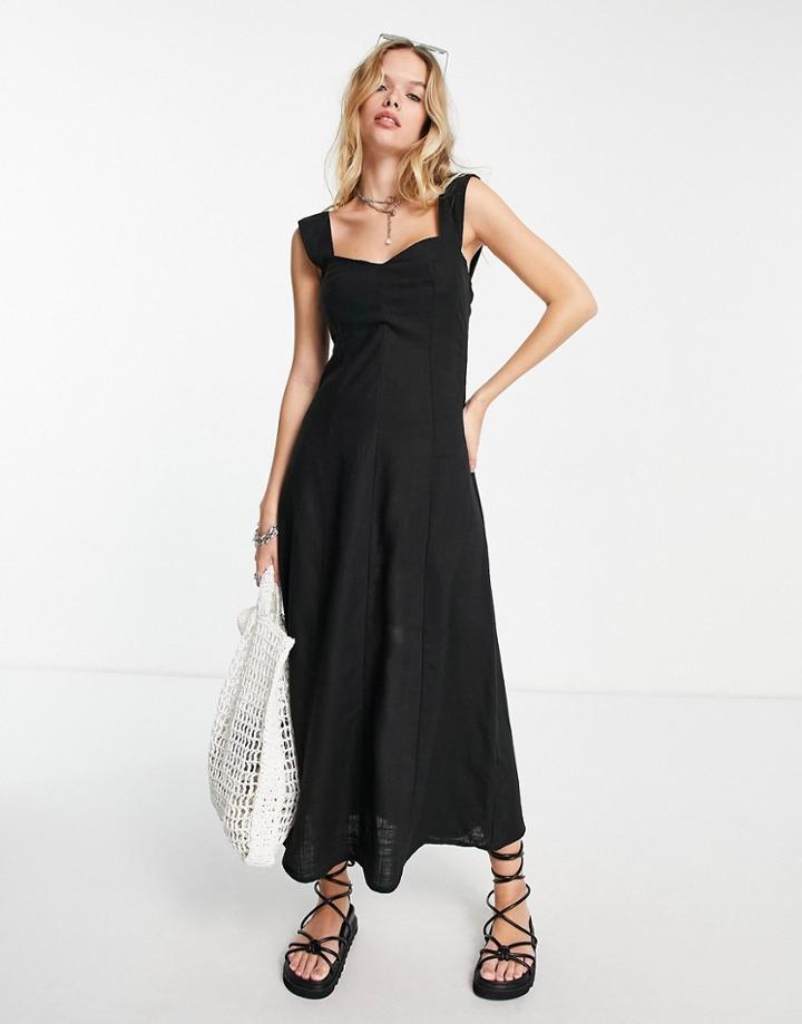 Asos Design Sweetheart Neck Shirred Back Midi Sundress In Linen In Black