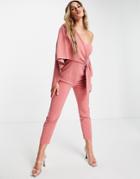 Lavish Alice One Shoulder Cape Detail Jumpsuit With Belt In Dusty Rose-pink