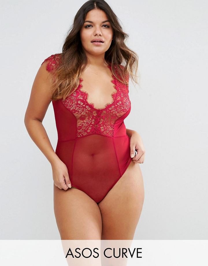 Asos Curve Sidney Eyelash Lace Plunge Body - Red