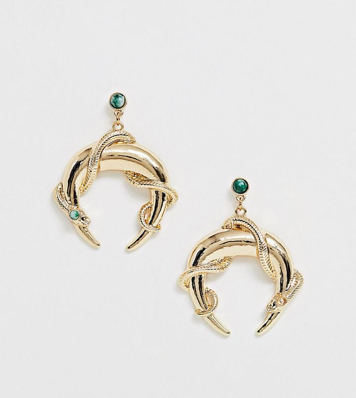Reclaimed Vintage Inspired Horn Earrings With Snake & Stone Detail - Gold