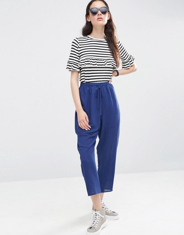 Asos Relaxed Sheer Check Peg Trousers - Navy
