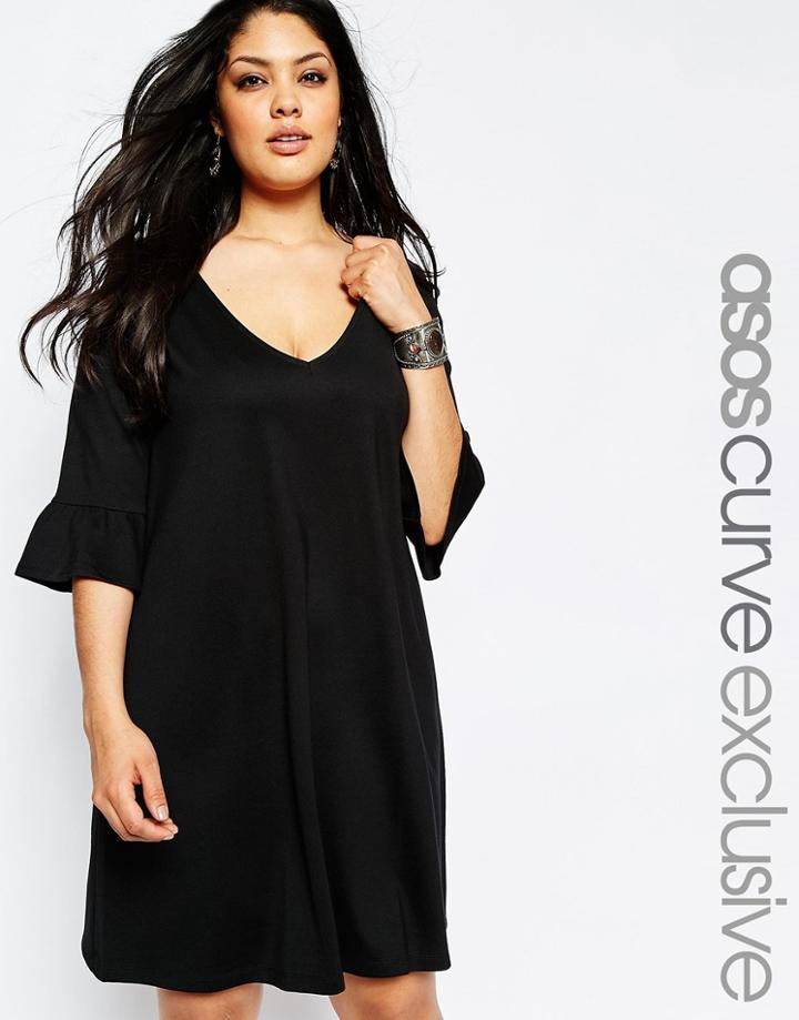 Asos Curve Shift Dress In Ponti With Ruffle Sleeve - Black