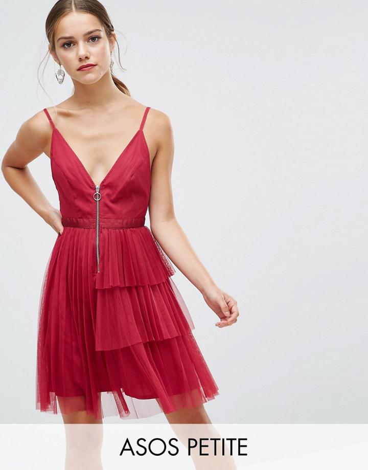 Asos Petite Tiered Mini Cami Dress With Zip Front - Multi