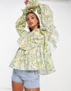 Asos Edition Ruffle Smock Top In Floral Print-yellow