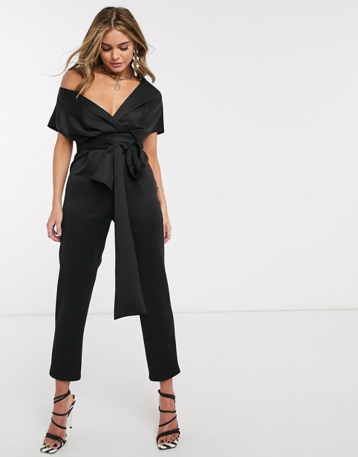 Asos Design Fallen Shoulder Scuba Jumpsuit-black