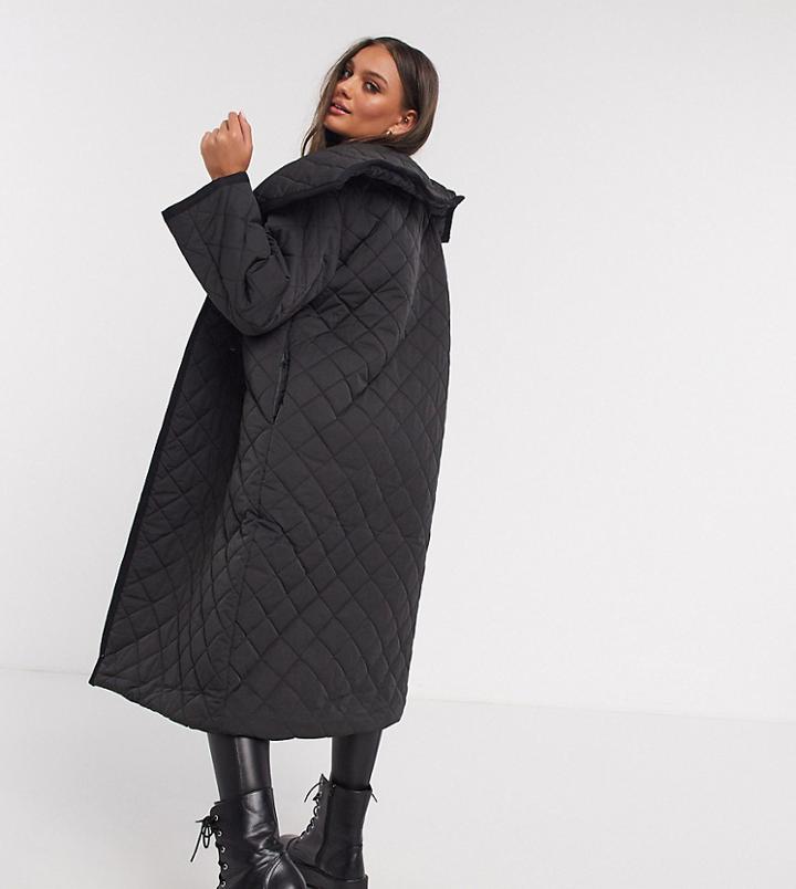 Asos Design Petite Longline Diamond Quilted Maxi Coat In Black