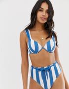 Prettylittlething Cupped Bikini Top With Tie Detail In Blue Stripe - Multi