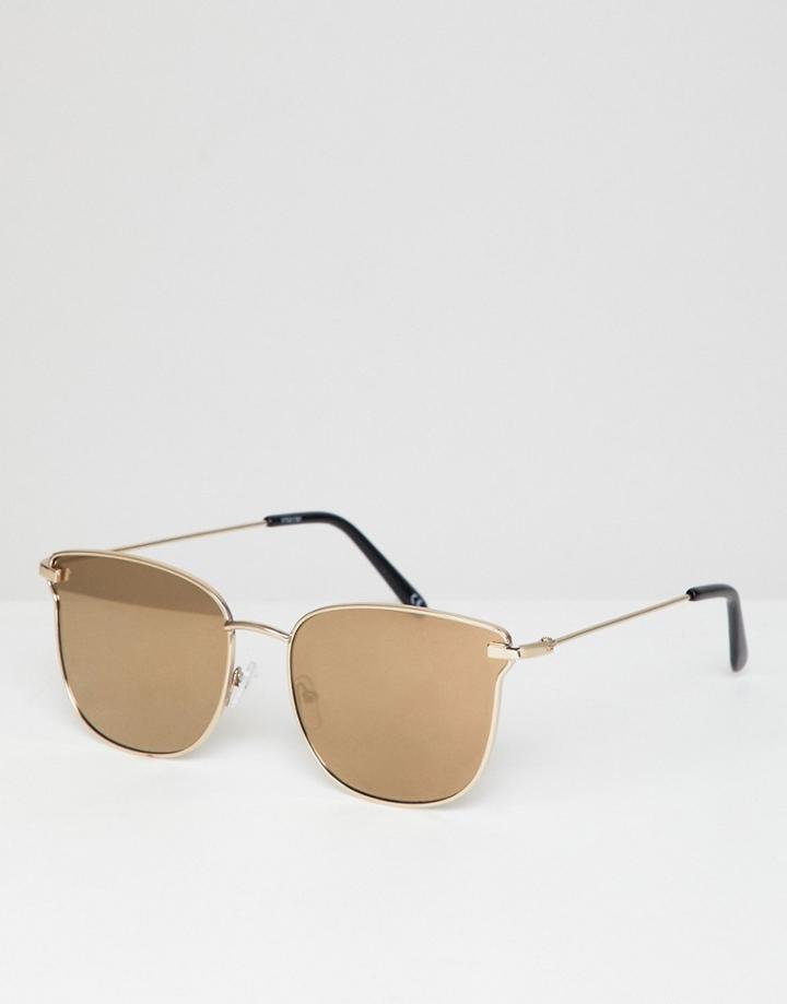 Asos Design Angled Glasses In Shiny Gold With Gold Mirror Lens - Gold
