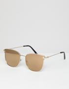 Asos Design Angled Glasses In Shiny Gold With Gold Mirror Lens - Gold