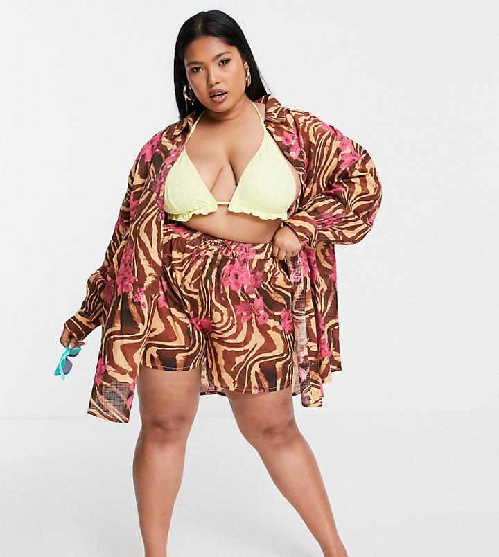 Asos Design Curve Textured Button Through Beach Shirt In Zebra Tropical Print - Part Of A Set-multi