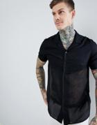Asos Design Regular Fit Revere Collar Shirt With Sheer Panel - Black