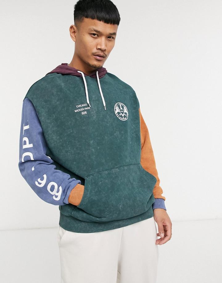 Asos Design Oversized Hoodie In Acid Wash Color Block With Multi Placement Print